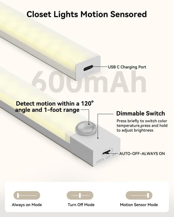 Under Cabinet Lights 8 Inch 3-Pack, Rechargeable Battery Operated Motion Sensor - Image 4