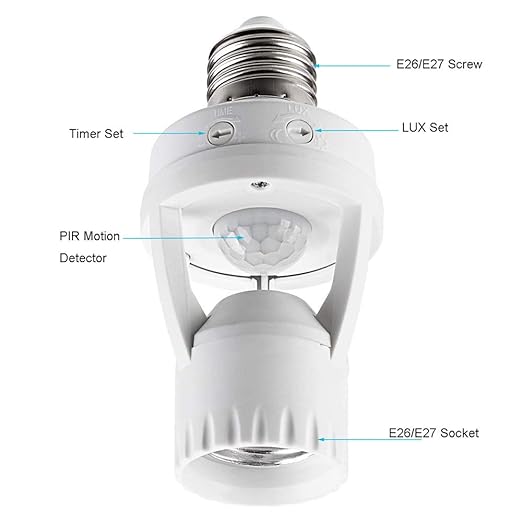 Motion Sensor Light Socket, PIR Motion E26 Screw Bulb Adapter, Adjustable Auto - Image 2