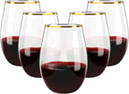 FOCUSLINE 20pcs 16 Oz Plastic Wine Glasses, Stemless Gold Rim, Heavy Duty by FOCUSLINE