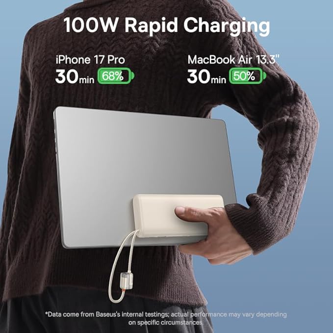 Baseus Portable Charger with Built in Cable, 100W Laptop Power Bank 20000mAh - Image 2