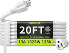 16/3 White Extension Cord 20 FT, Indoor Extension Cord by Seeklyze
