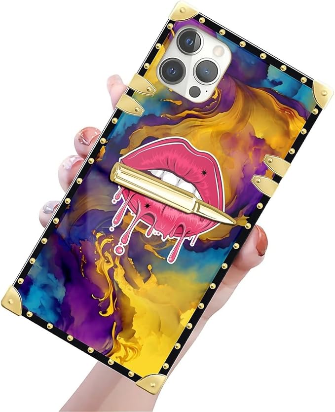 Compatible with iPhone 12 12 Pro Case, Cool Corlorful Lip Marble Luxury Golden - Image 3