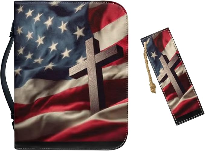 Large Bible Cover Case for Women Men American Flag and Cross PU Leather Bible by Unknown