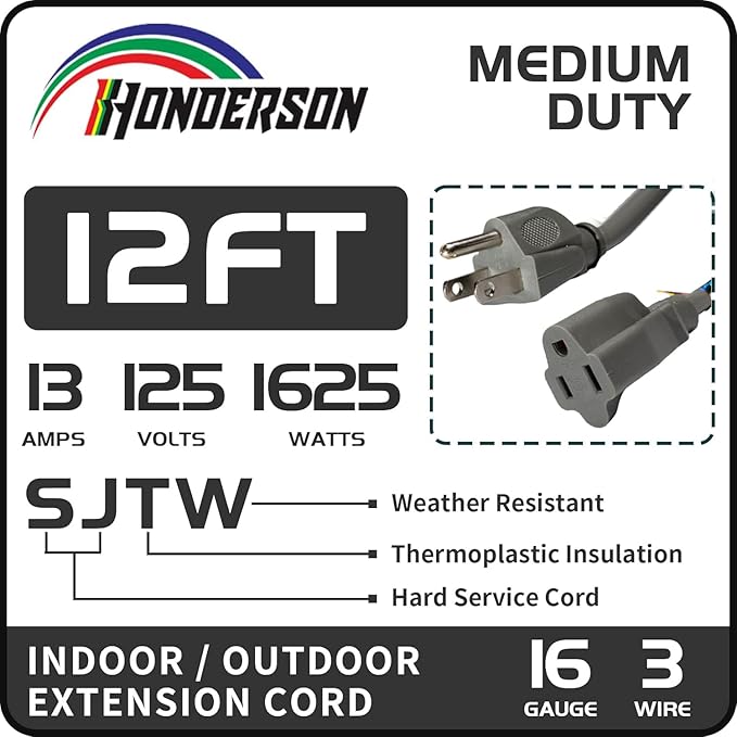 Indoor Outdoor Extension Cord Weatherproof, UL Certified, 16 Gauge 12FT Grey 3 - Image 2