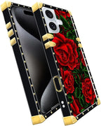 Compatible with iPhone 16 Plus Case, Vector Red Rose Green Leaf Luxury Golden - Image 2