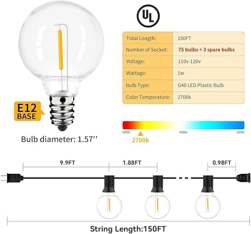 150ft Outdoor String Lights Waterproof/Connectable/Dimmable LED Shatterproof - Image 2