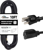 10FT Outdoor Extension Cord-16/3 SJTW Durable Black Extension Cord by HONDERSON