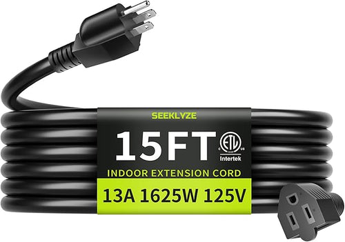 16/3 Black Extension Cord 15 FT Indoor, Short Extension Cord by Seeklyze