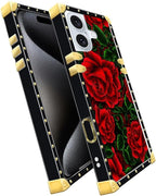 Compatible with iPhone 16 Case, Vector Red Rose Green Leaf Luxury Golden - Image 3