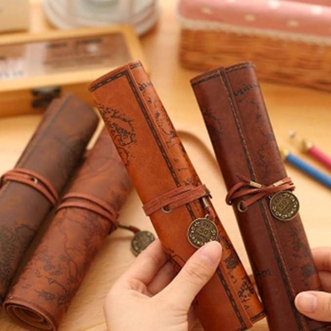 MAGICLULU Retro Treasure Map Roll up Pencil Case Leather Large Capacity Pencil - Image 3