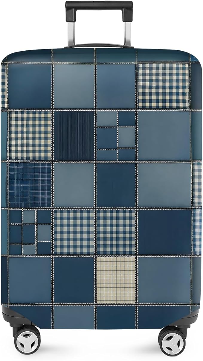 ANNA QUEEN Blue Patchwork Luggage Cover, Modern Grid Suitcase Protector by ANNAQUEEN