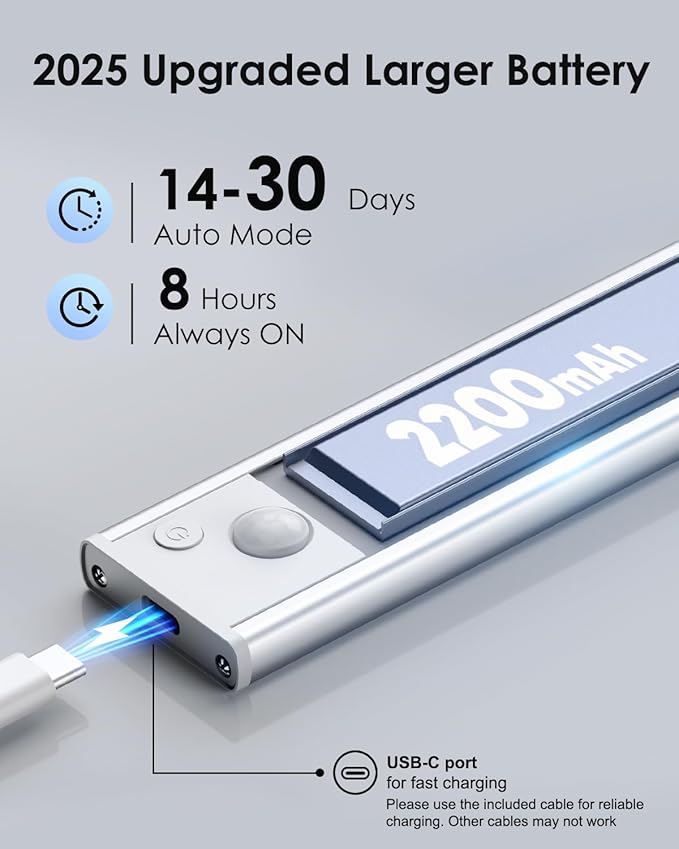 VerRon 10in Under Cabinet Lighting, Upgraded 2200mAh Rechargeable Under Cabinet - Image 3
