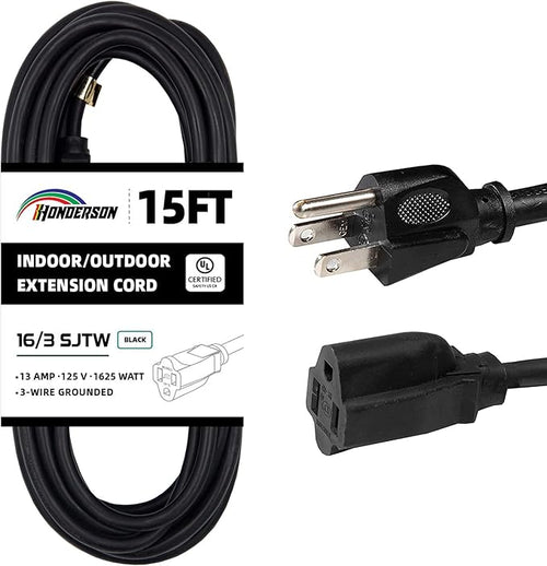 15FT Outdoor Extension Cord-16/3 SJTW Durable Black Extension Cable by HONDERSON