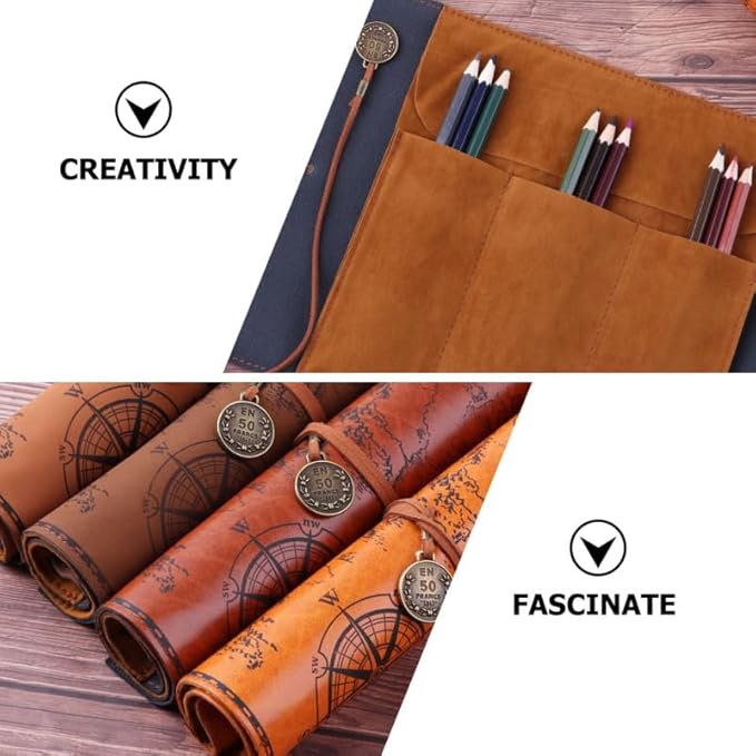 Cabilock Roll up Pencil Case Vintage Map Pu Leather Pencil Pouch Organizer - Image 8