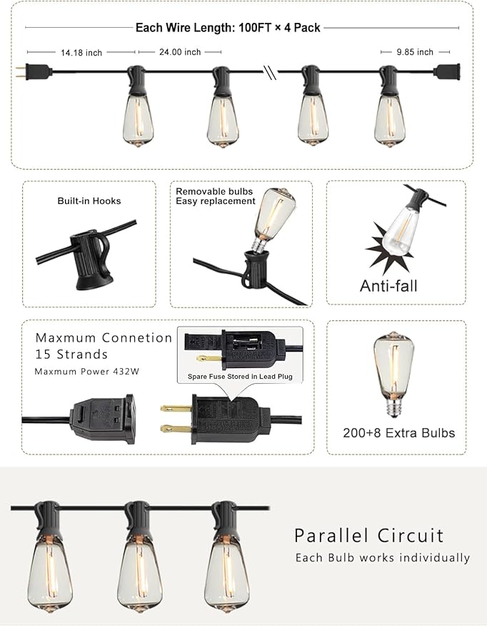 DAMAING Outdoor String Lights Weatherproof 400FT shatterproof connectable Patio - Image 6