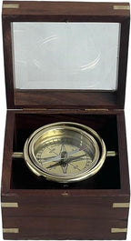 Brass Gimballed Compass in Wooden Box – Antique Nautical Decor & Functional - Image 3
