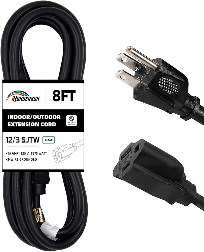 Indoor Outdoor Extension Cord Weatherproof, UL Certified, 12 Gauge 8FT Black 3 by HONDERSON