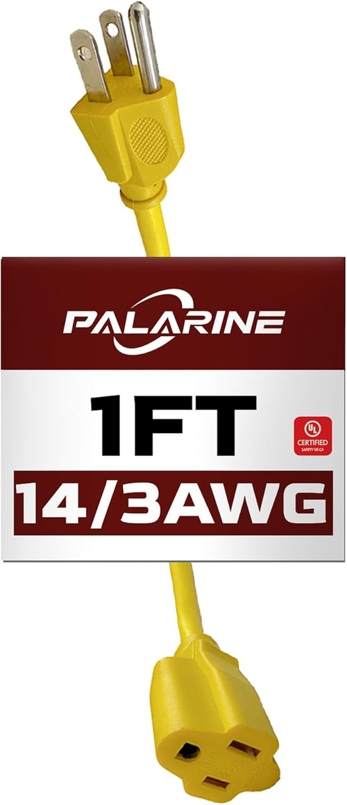 1ft Yellow Extension Cord Waterproof, UL Listed, 14/3 SJTW Heavy Duty 3 Prong by PALARINE