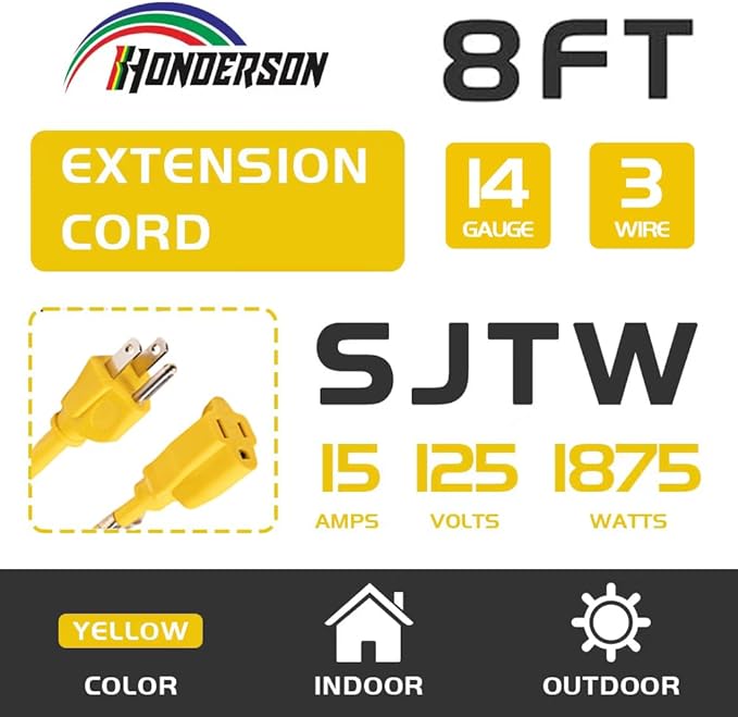 Indoor Outdoor Extension Cord Weatherproof, UL Certified, 14 Gauge 8FT Yellow 3 - Image 2