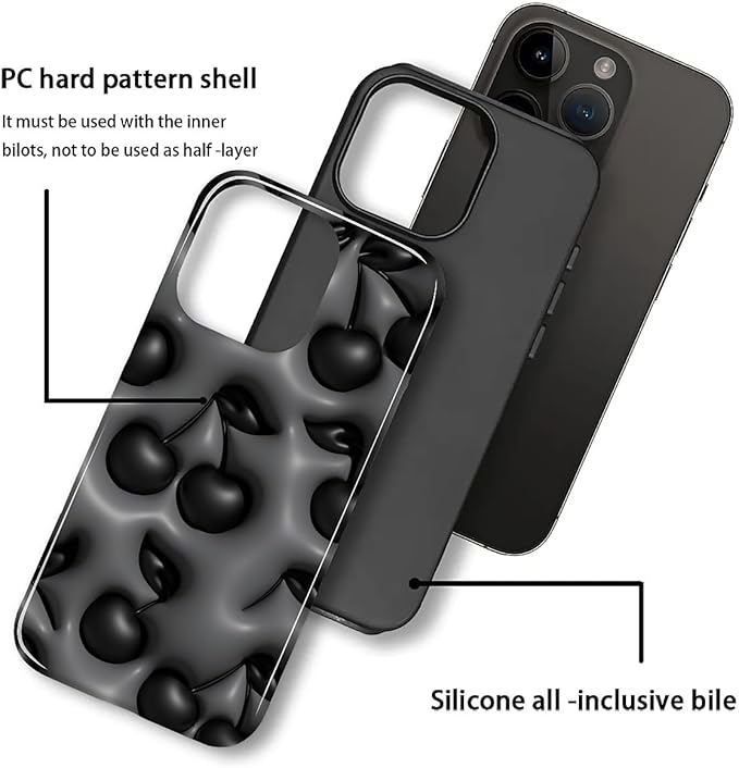 for iPhone 14 Pro Max Case, HL2 Cute Cool Cherry Black Hybrid 2 Layer Hard - Image 3