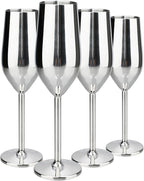 TJ Unbreakable 8 Oz Stainless Steel Champagne Flutes- Silver Champagne Glasses by TJ