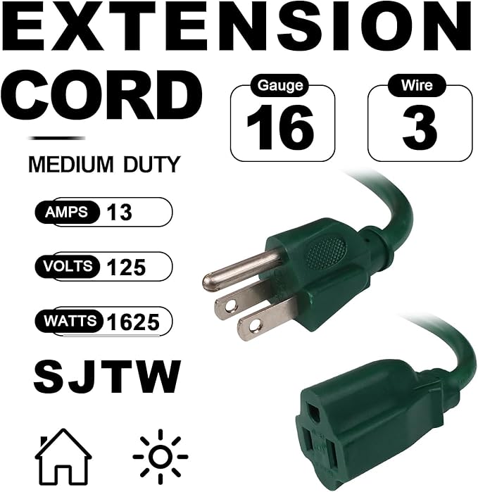 EP 15FT Green Outdoor Extension Cord, 16/3 SJTW Heavy Duty Waterproof, 3 Prong - Image 2