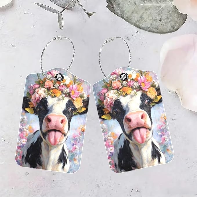 2Pcs Spring Floral Cow Luggage Tags - Image 4