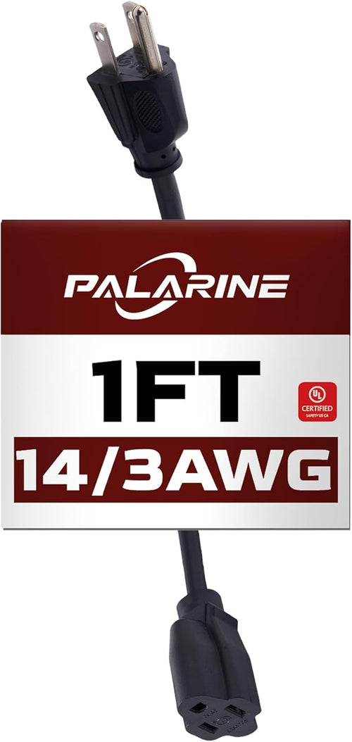 1ft Black Extension Cord Waterproof, UL Listed, 14/3 SJTW Heavy Duty 3 Prong by PALARINE
