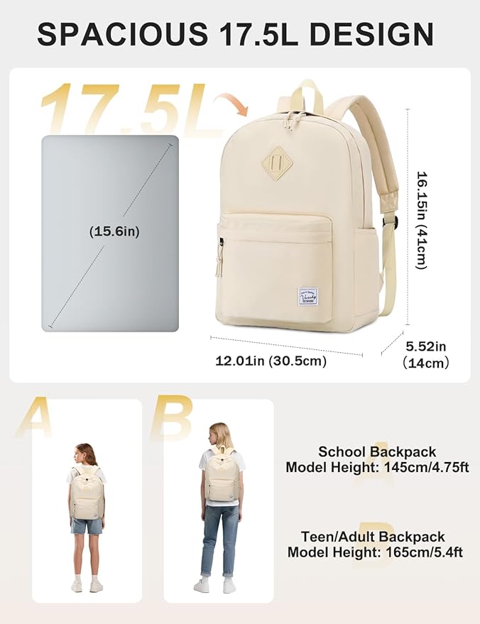 VASCHY Lightweight Backpack for School, Water Resistant Classic Bookbag - Image 2