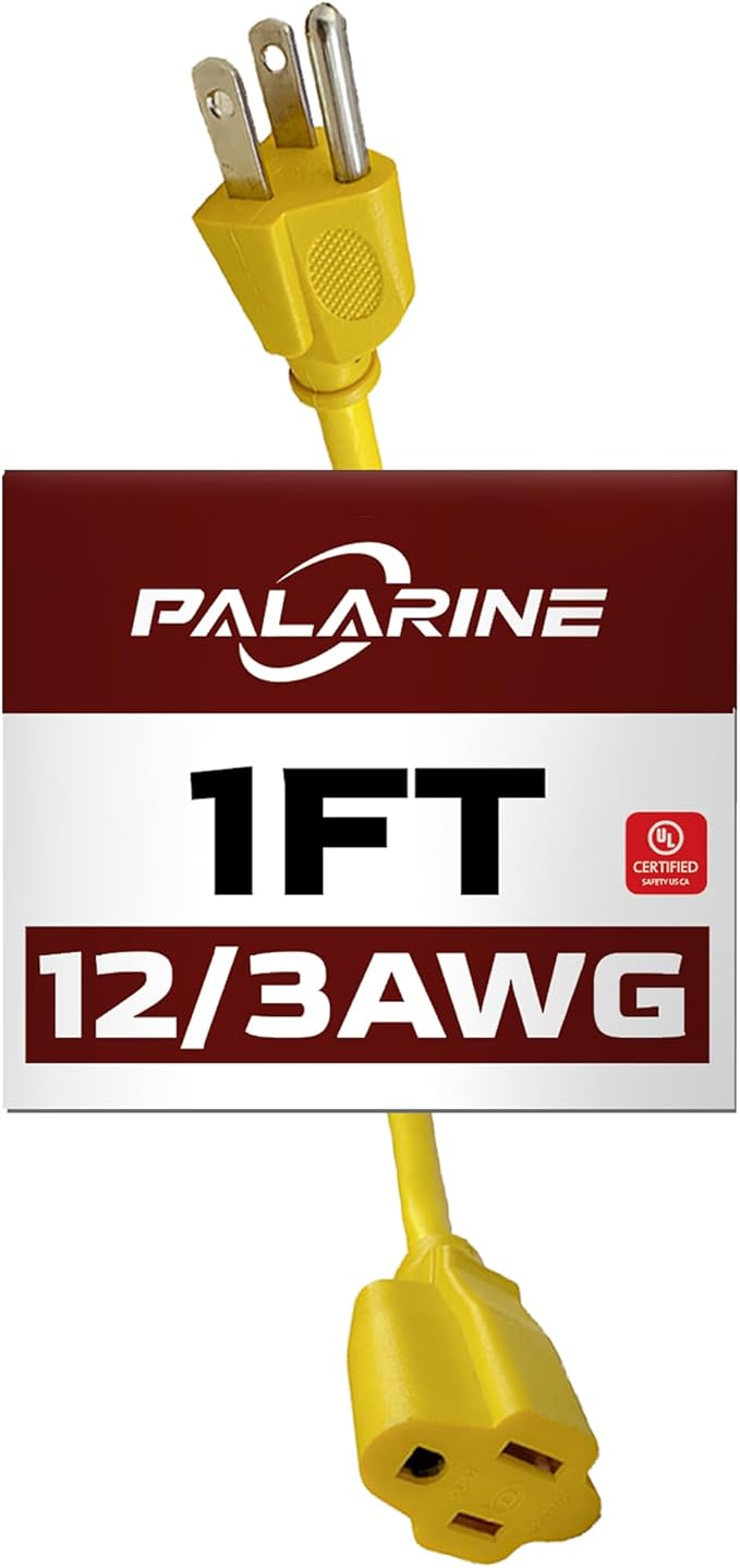 1ft Yellow Extension Cord Waterproof, UL Listed, 12/3 SJTW Heavy Duty 3 Prong by PALARINE
