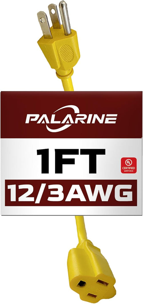 1ft Yellow Extension Cord Waterproof, UL Listed, 12/3 SJTW Heavy Duty 3 Prong by PALARINE