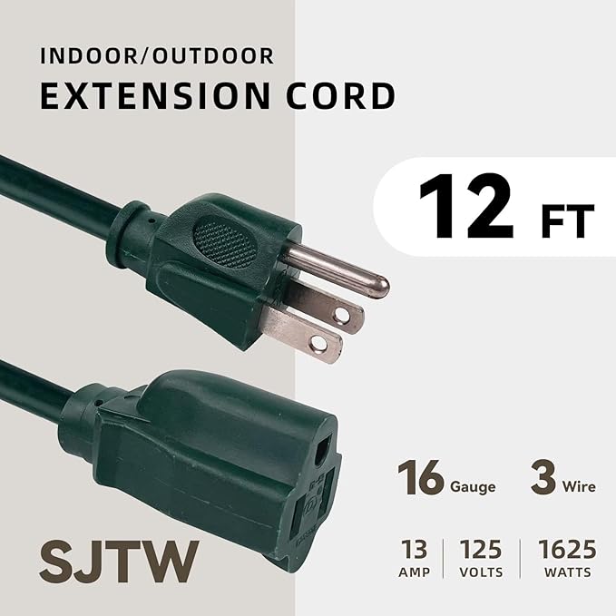 12ft Outdoor Extension Cord for Christmas Decorations- 16/3 Heavy Duty SJTW - Image 2