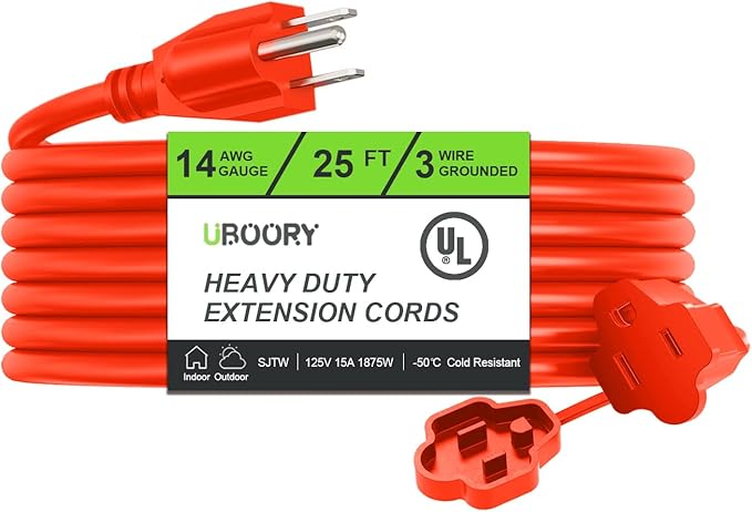 Outdoor Extension Cord Waterproof 25 FT, Flexible 100% Copper 3 Prong Extension by UBOORY