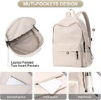 Beige School Backpack for Girls Water Resistant High School Book Bag Simple - Image 5