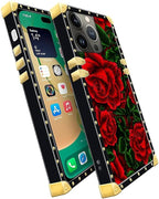 Compatible with iPhone 14 Pro Case, Vector Red Rose Green Leaf Luxury Golden - Image 3