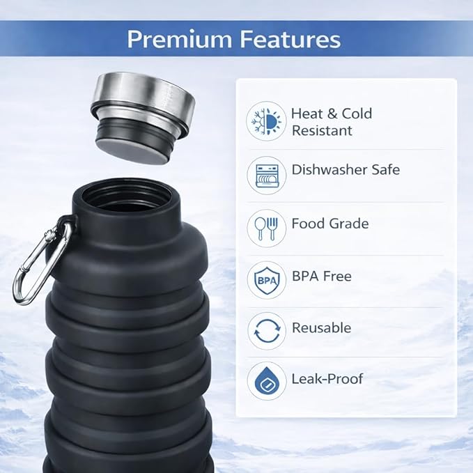 Collapsible Water Bottles, 16oz Portable Reusable Silicone Water Bottle - Image 5
