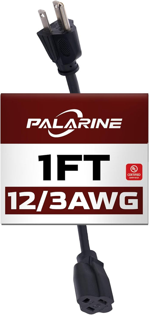 1ft Black Extension Cord Waterproof, UL Listed, 12/3 SJTW Heavy Duty 3 Prong by PALARINE