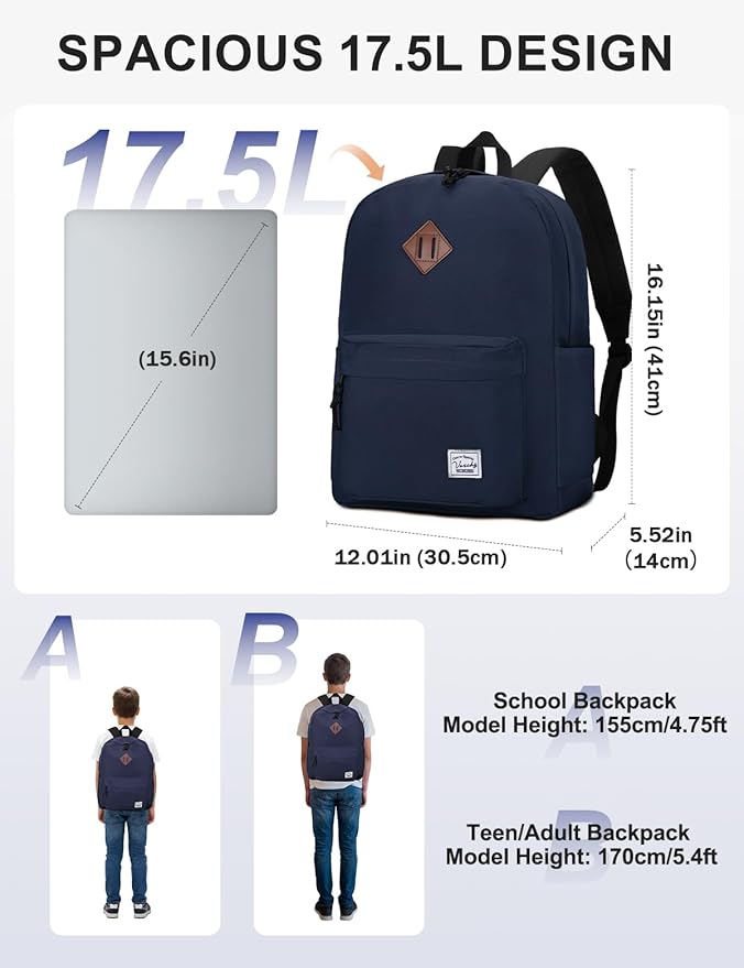 VASCHY Lightweight Backpack for School, Classic Basic Water Resistant Casual - Image 2
