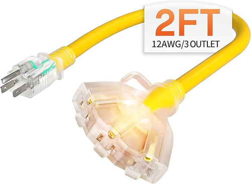 2 ft 12 Gauge Heavy Duty 3 Outlet Extension Cord Splitter by Deeklify