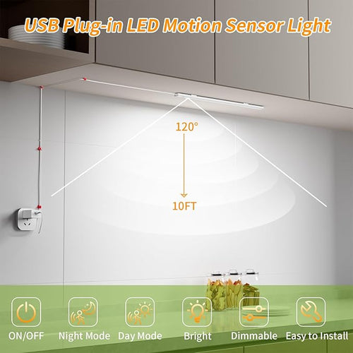 14" Slim USB Plug-in LED Motion Sensor Light Indoor, Bright & Dimmable Under - Image 2
