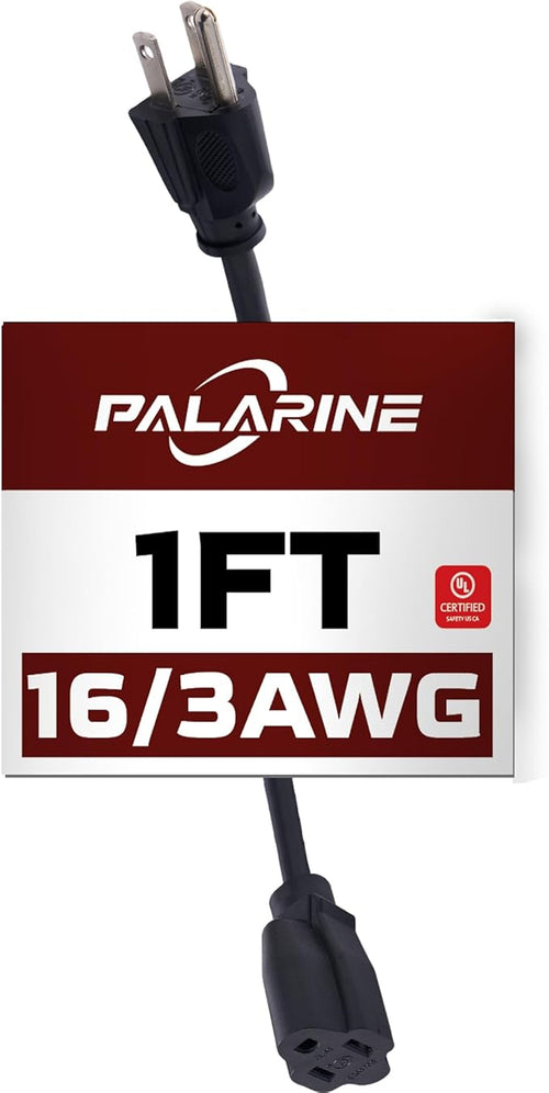 1ft Black Extension Cord Waterproof, UL Listed, 16/3 SJTW Heavy Duty 3 Prong by PALARINE