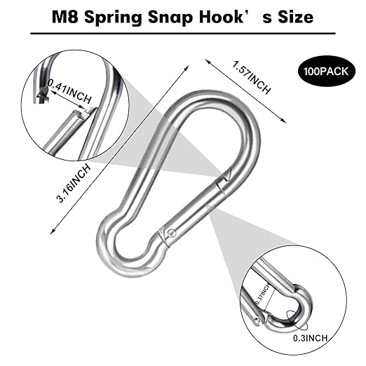 100 PCS 3'' Spring Snap Hook Carabiner, M8 5/16 Inch Galvanized Silver Steel - Image 2