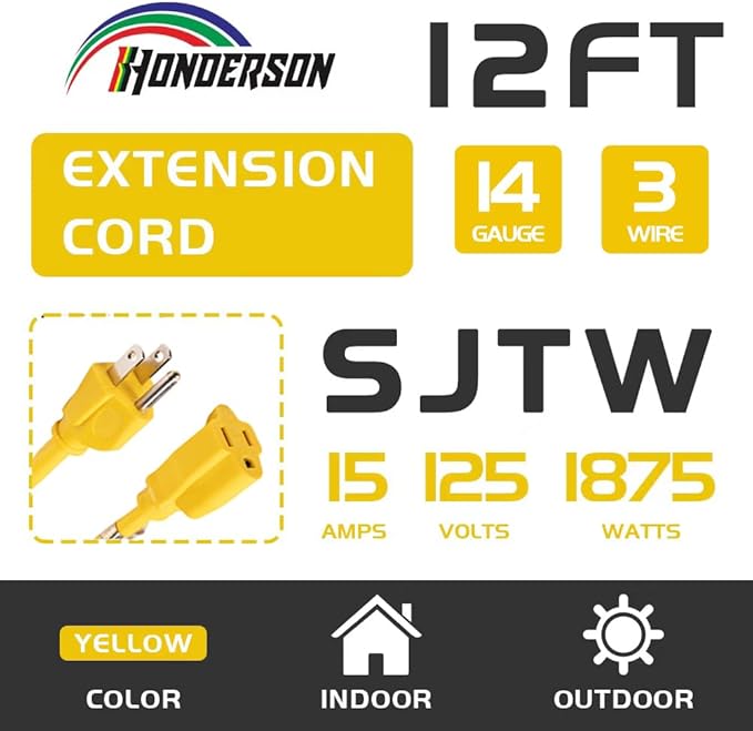 Indoor Outdoor Extension Cord Weatherproof, UL Certified, 14 Gauge 12FT Yellow - Image 2