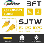 Extension Cord Weatherproof, UL Certified, 12 Gauge 3FT Yellow 3 Prong Heavy - Image 2