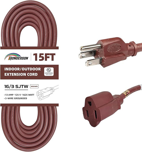15FT Brown Outdoor Extension Cord-16/3 SJTW Durable Extension Cord by HONDERSON