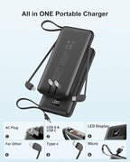 Portable Charger Built-in Cables and AC Wall Plug, 10000mAh 22.5W PD Fast - Image 2