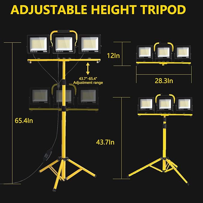 32000LM LED Work Light with Tripod, 3x100W 3-Head Floodlight, Plug-in 120V - Image 7