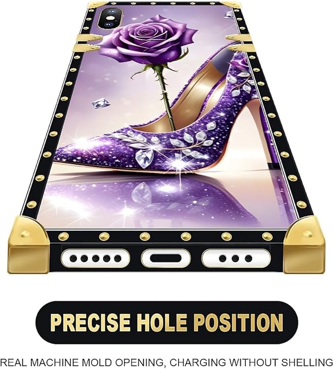 Compatible with iPhone XR Case, High Heeled Purple Diamond Rose Luxury Golden - Image 5