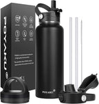Water Bottle Insulated 32oz 40oz 64oz 128oz Straw Lid Spout Lid & 3 Lids by POYAKU