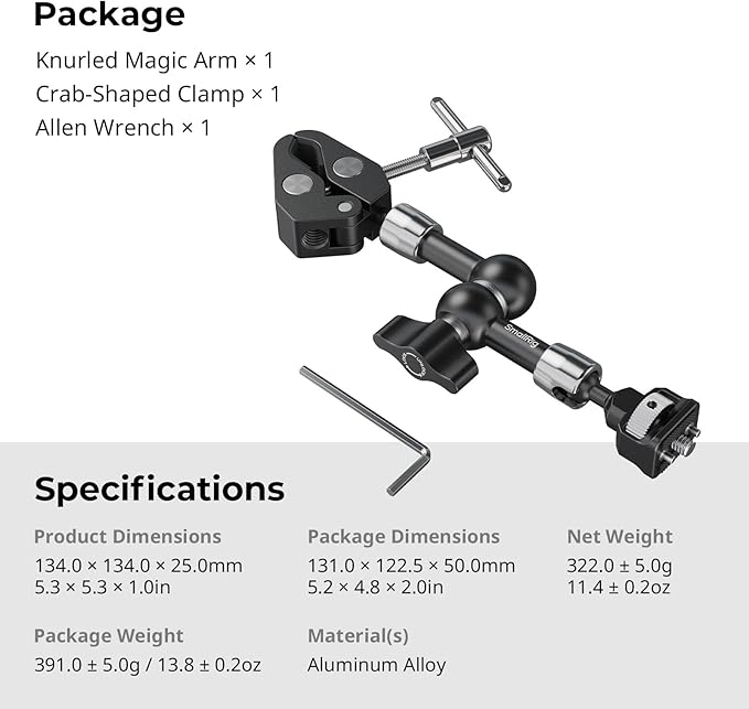 SMALLRIG 7 Inch Magic Arm with Crab-Shaped Clamp, Arm with 1/4"-20 Screw and - Image 8